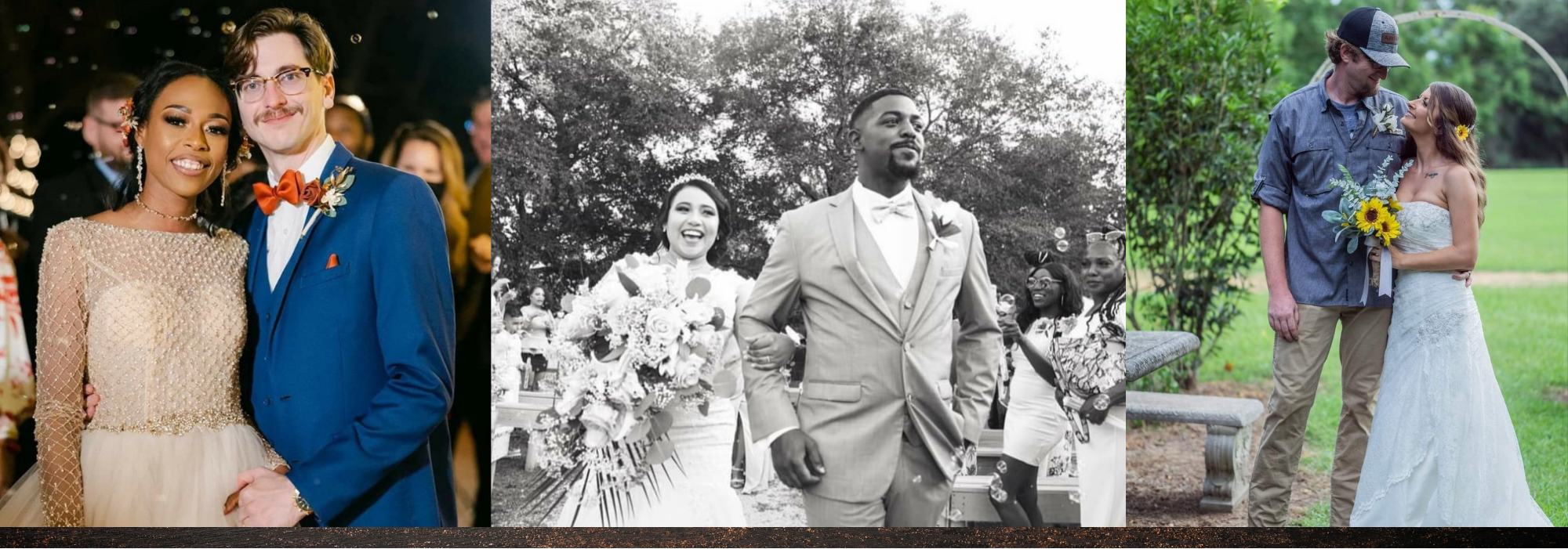 Collage of three bride and groom couples. 