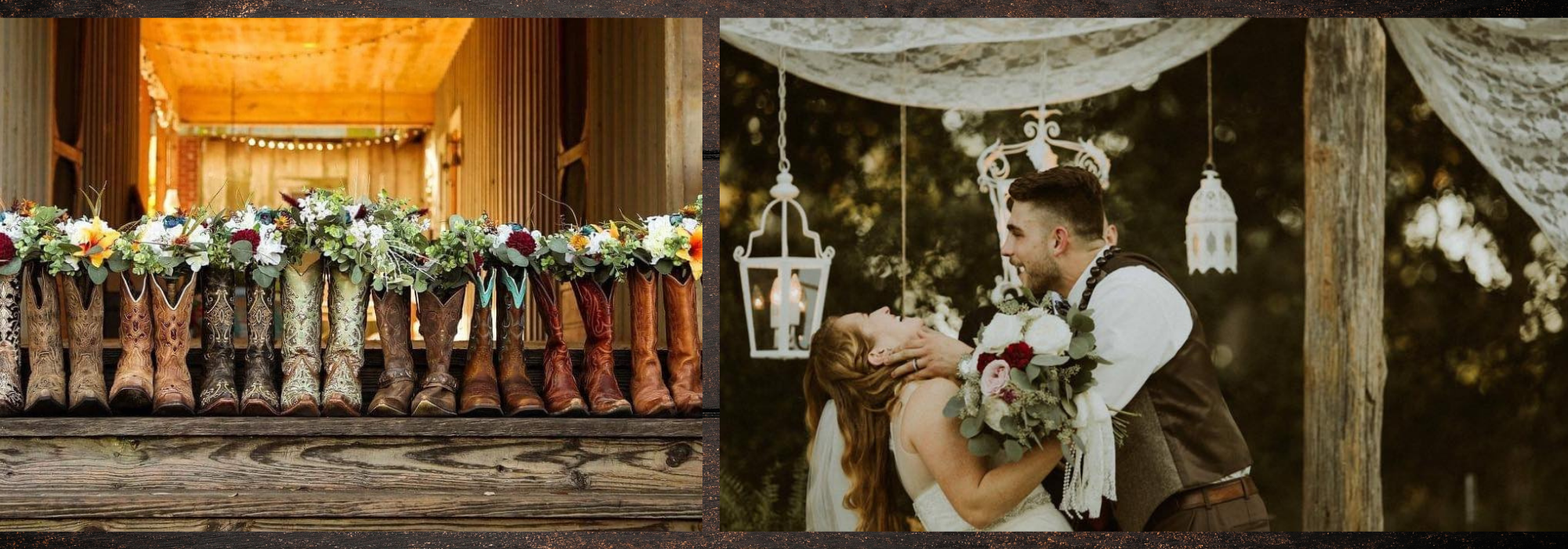 cowgirl boots with flower bouquets and bride and groom embracing 